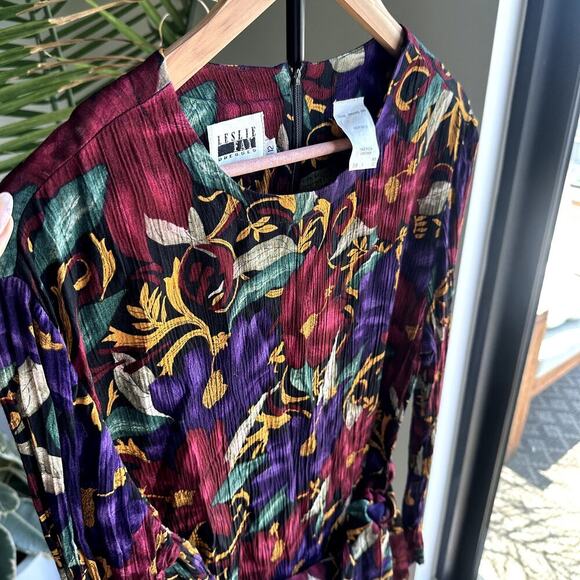 Leslie Fay Vintage Floral Long Sleeve Midi Dress S 12 Tie Waist Cottage Garden - Picture 7 of 9